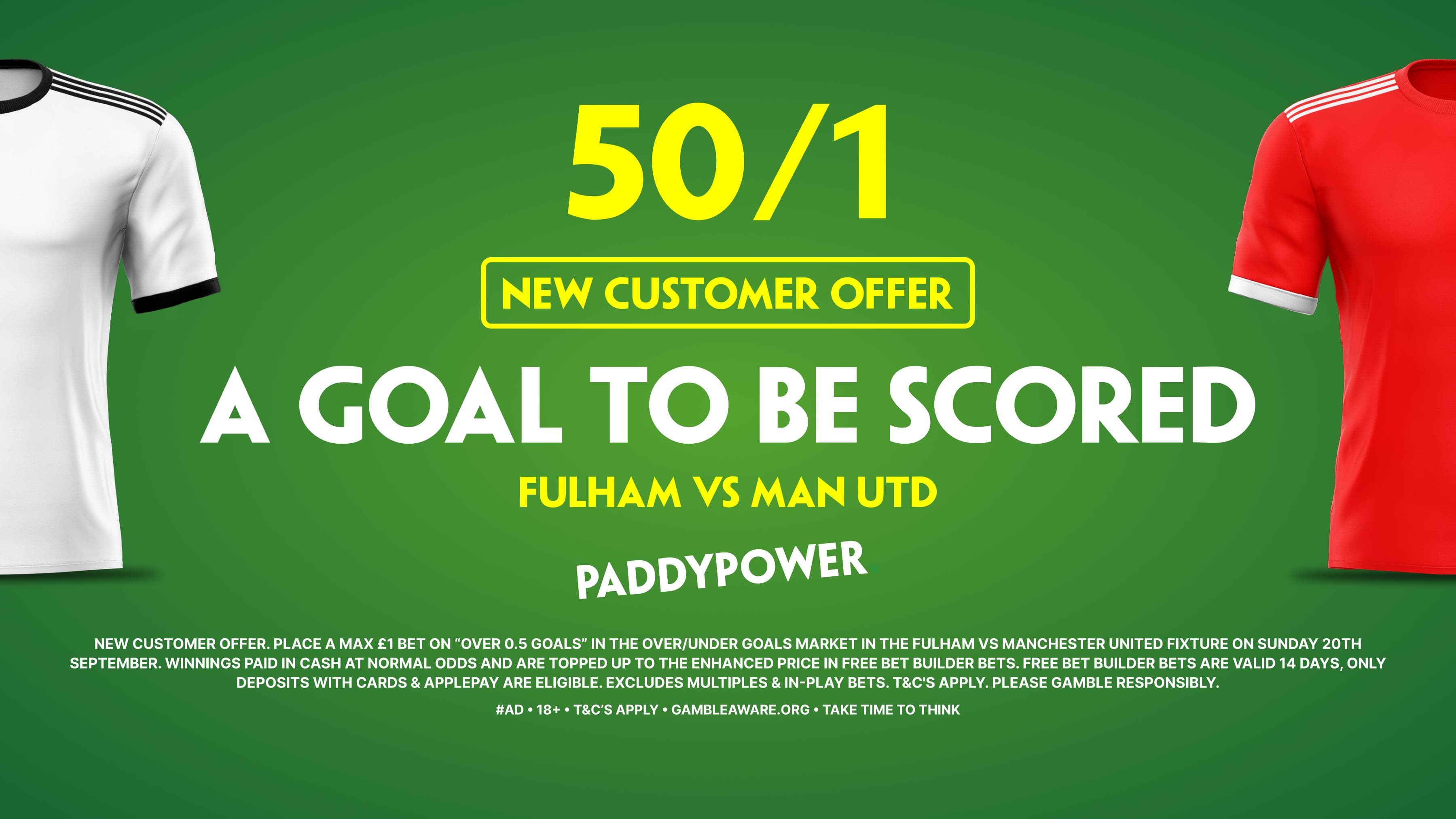 Paddy Power Sign Up Offer: 50/1 Goal to be Scored in Fulham vs Man United!