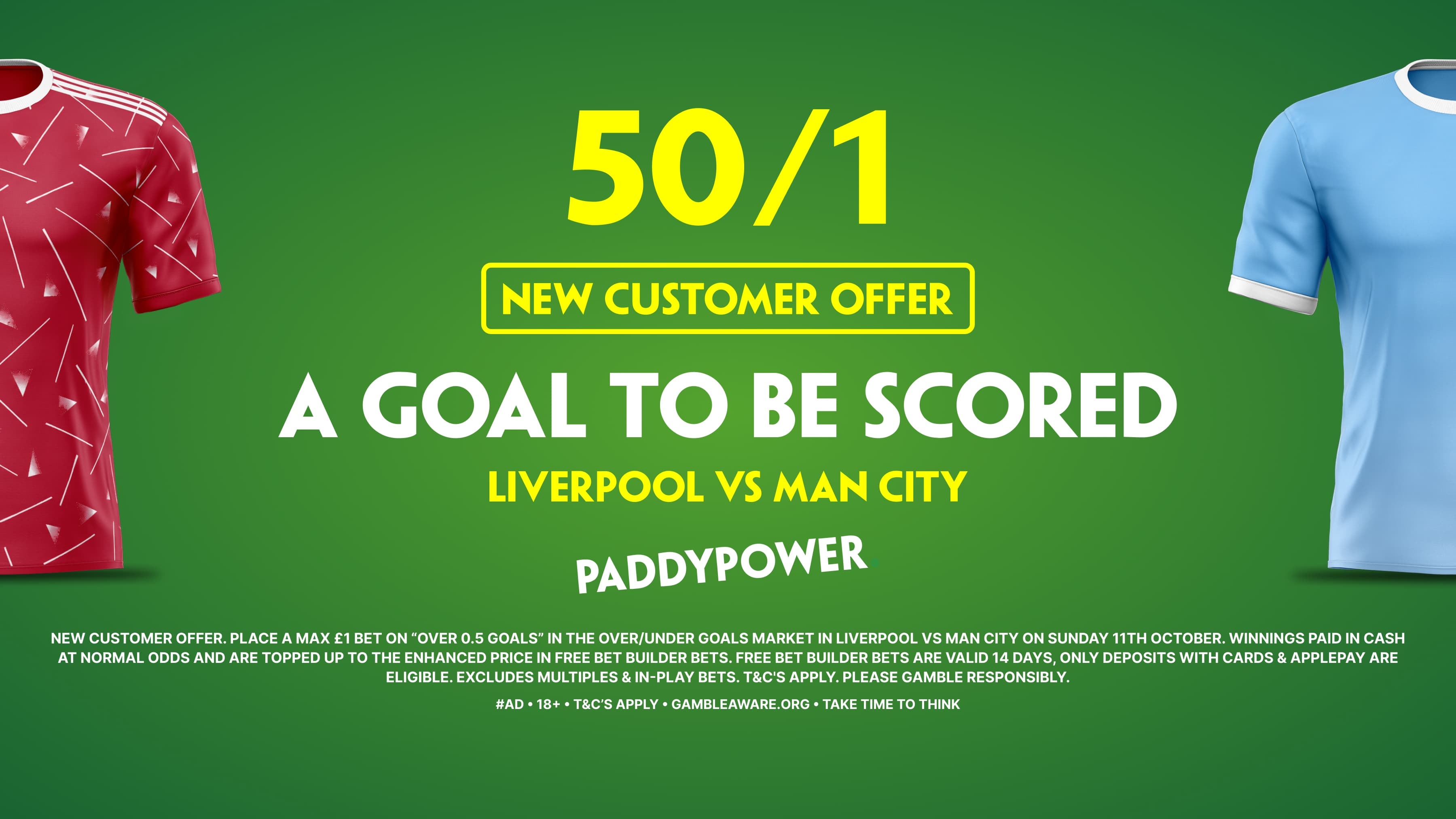 50/1 A goal to be scored in Liverpool vs Man City: Paddy Power Sign Up Offer