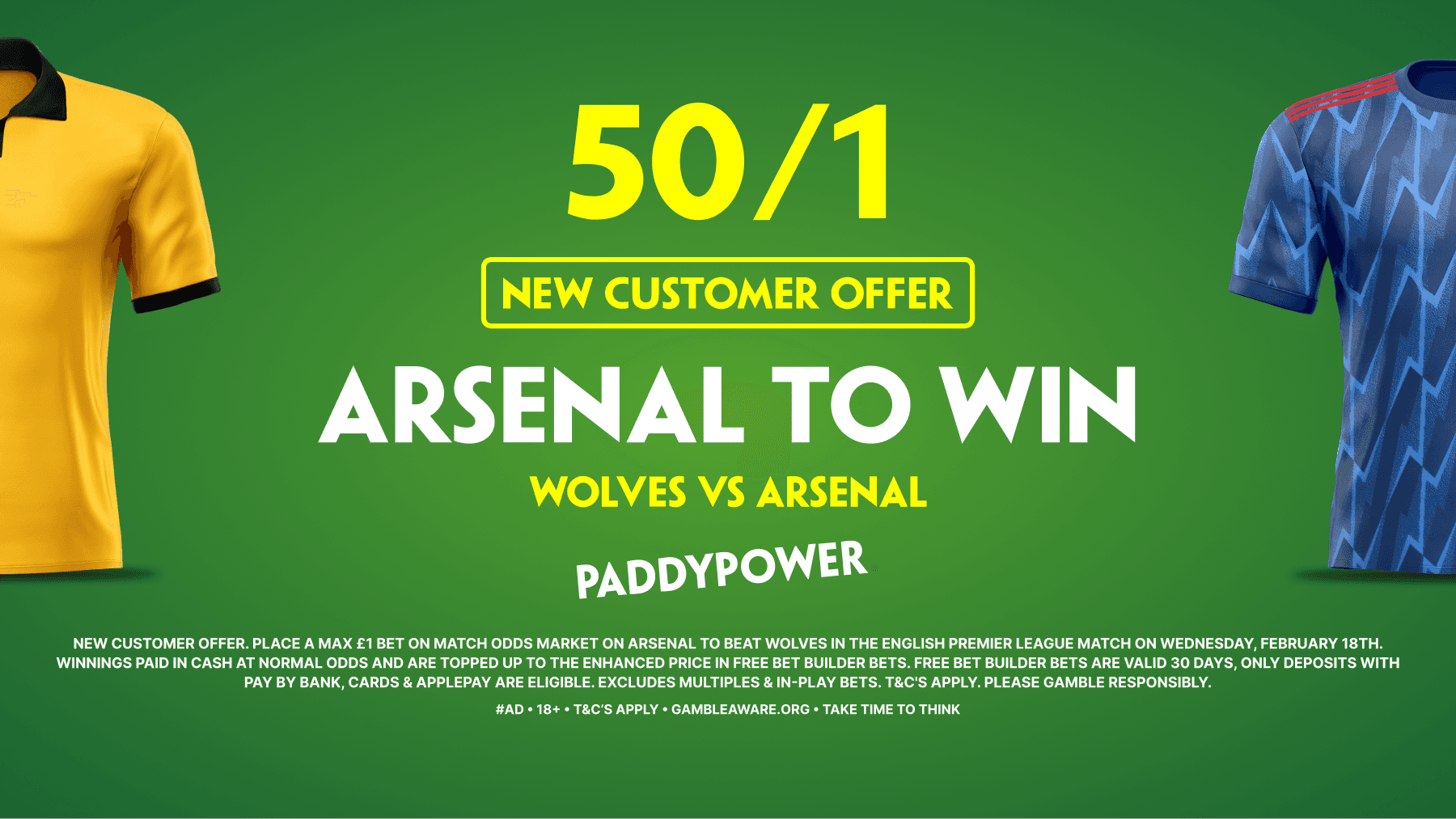 Paddy Power Sign Up Offer: 50/1 Arsenal to win! 18/02/2026