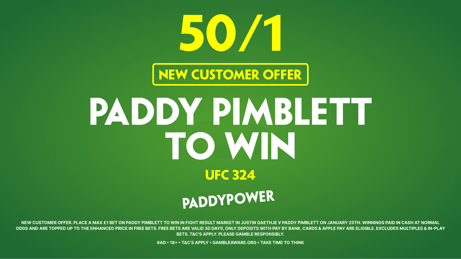 Get 50/1 for Paddy Pimblett to beat Justin Gaethje! Paddy Power Sign Up Offer 24/01/2026