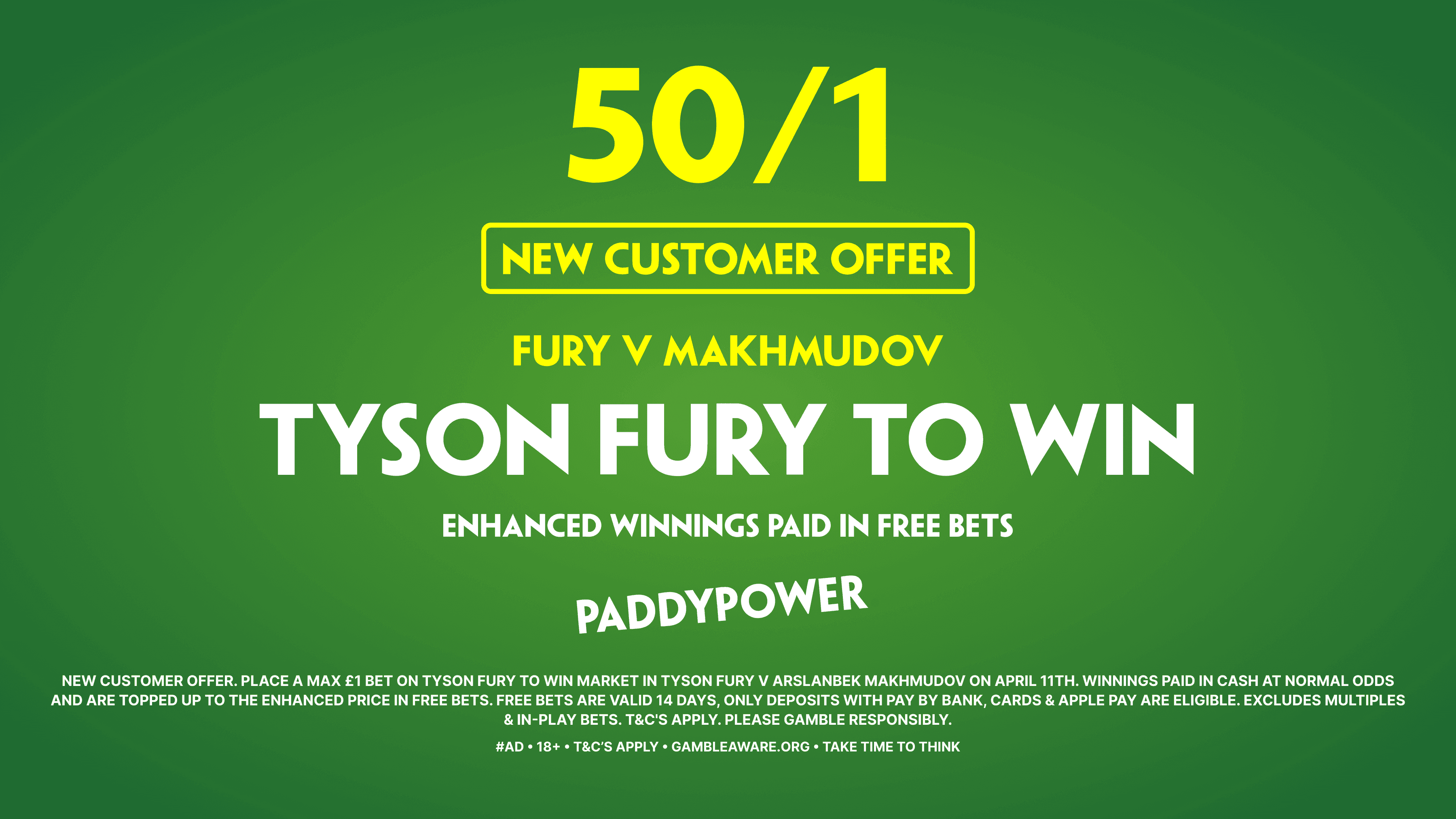 50/1 Tyson Fury to win! Paddy Power Sign Up Offer 11/04/2026