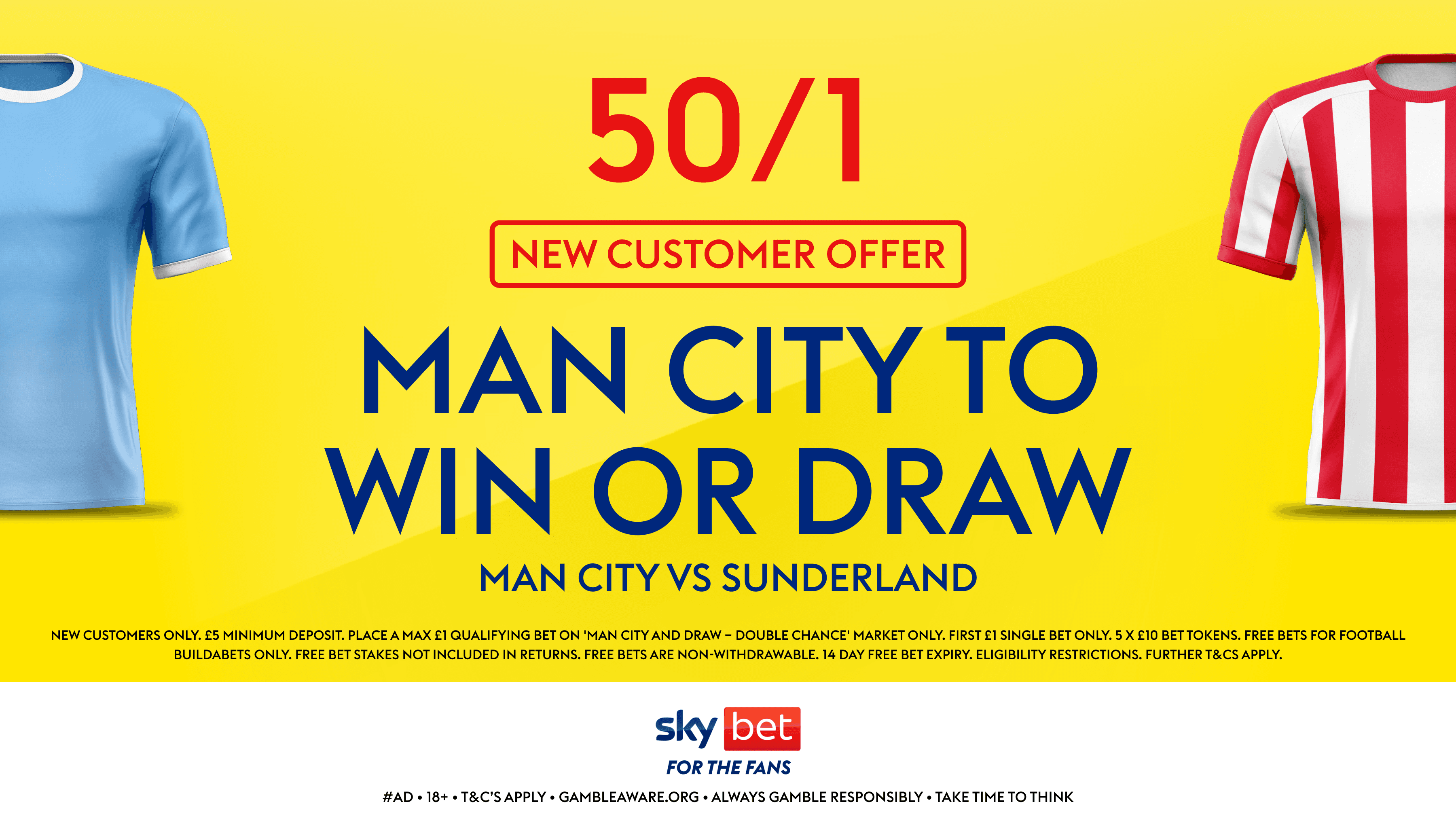 Sky Bet Sign Up Offer: 50/1 Manchester City win or draw vs Sunderland Enhanced Odds!