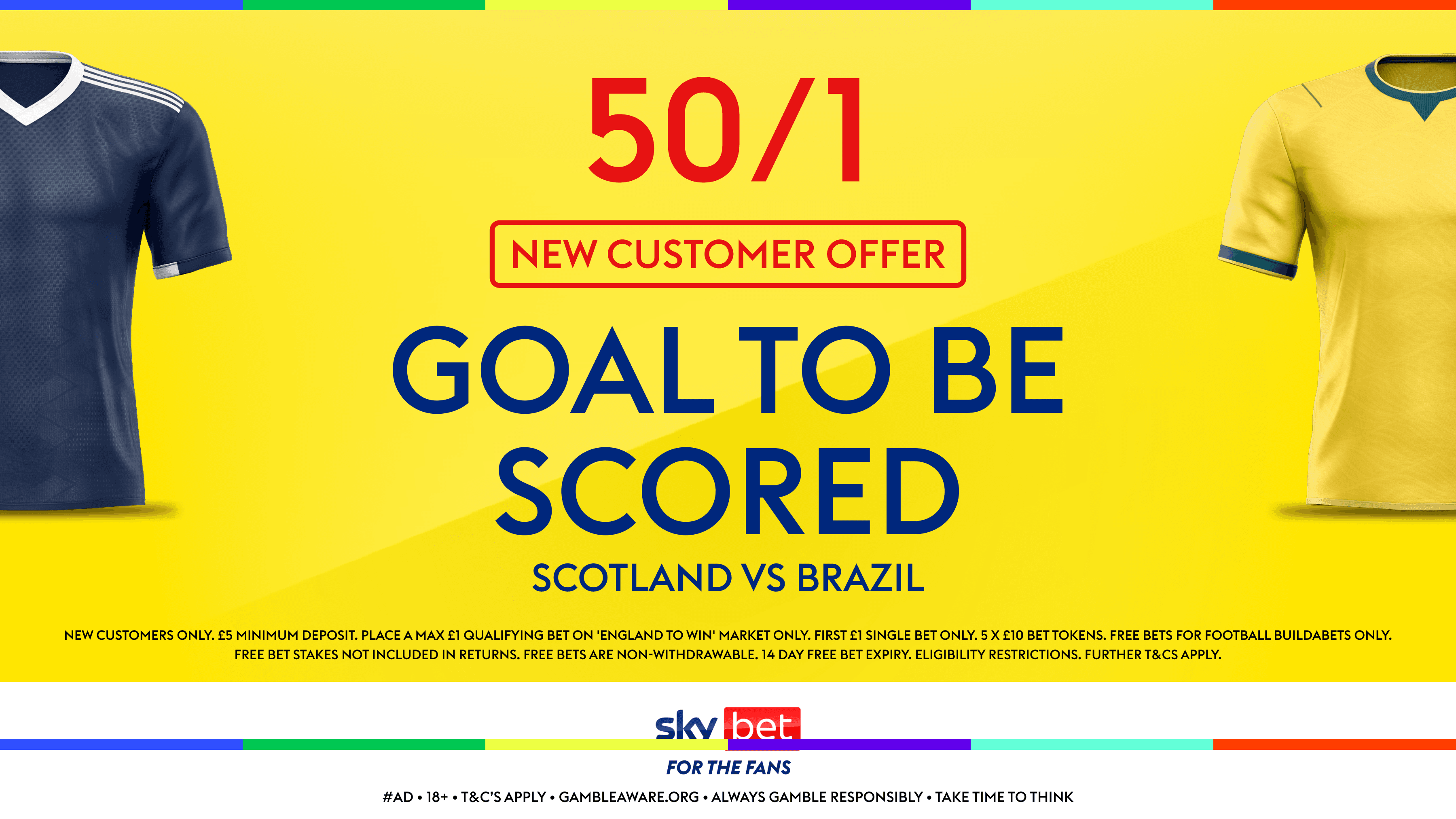 Sky Bet Sign Up Offer for Scotland vs Brazil! 50/1 A Goal to be Scored 24/06/2026