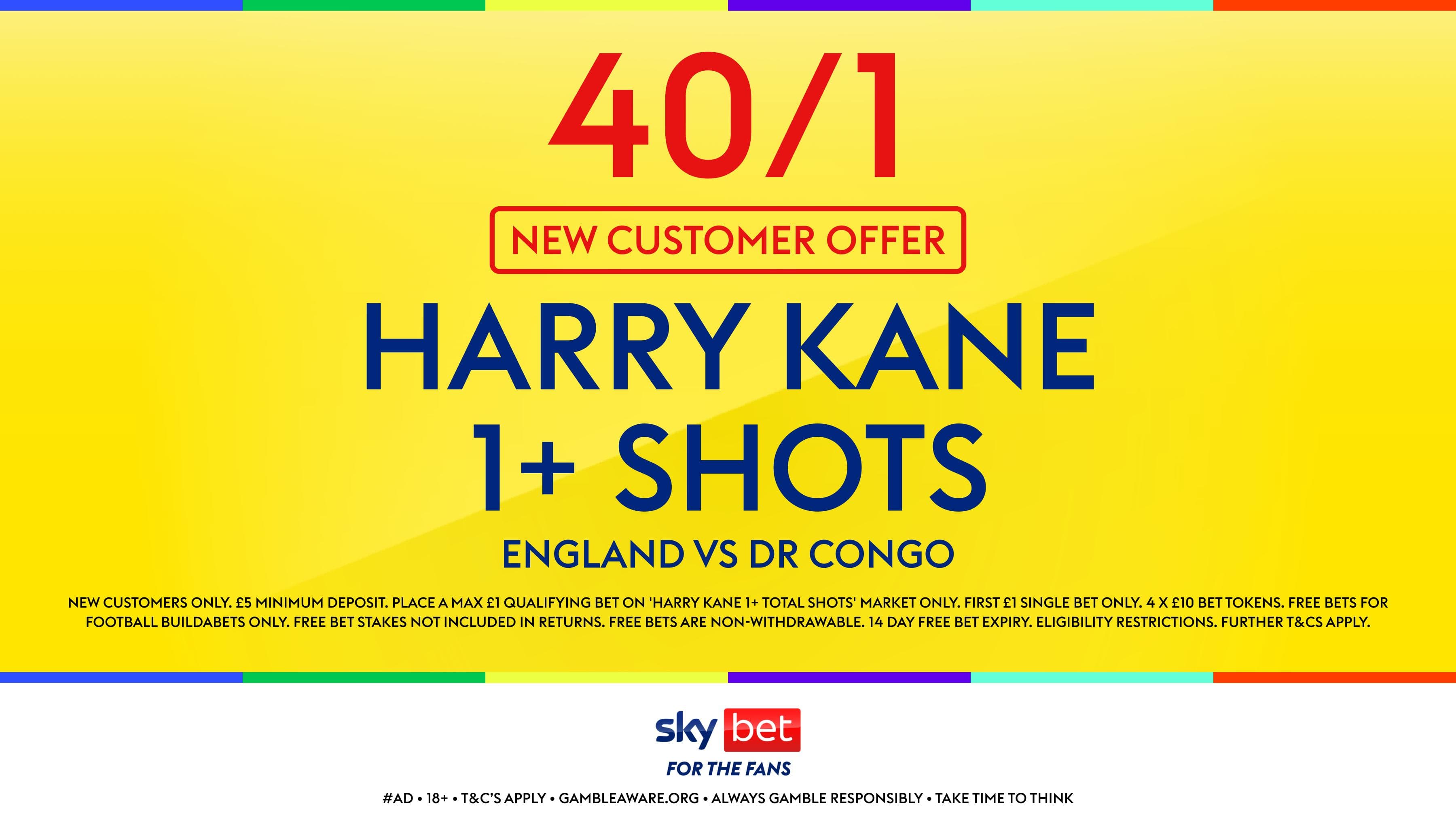 England vs Congo Betting Offer: 40/1 Kane 1 + Shots with Sky Bet Sign Up Offer
