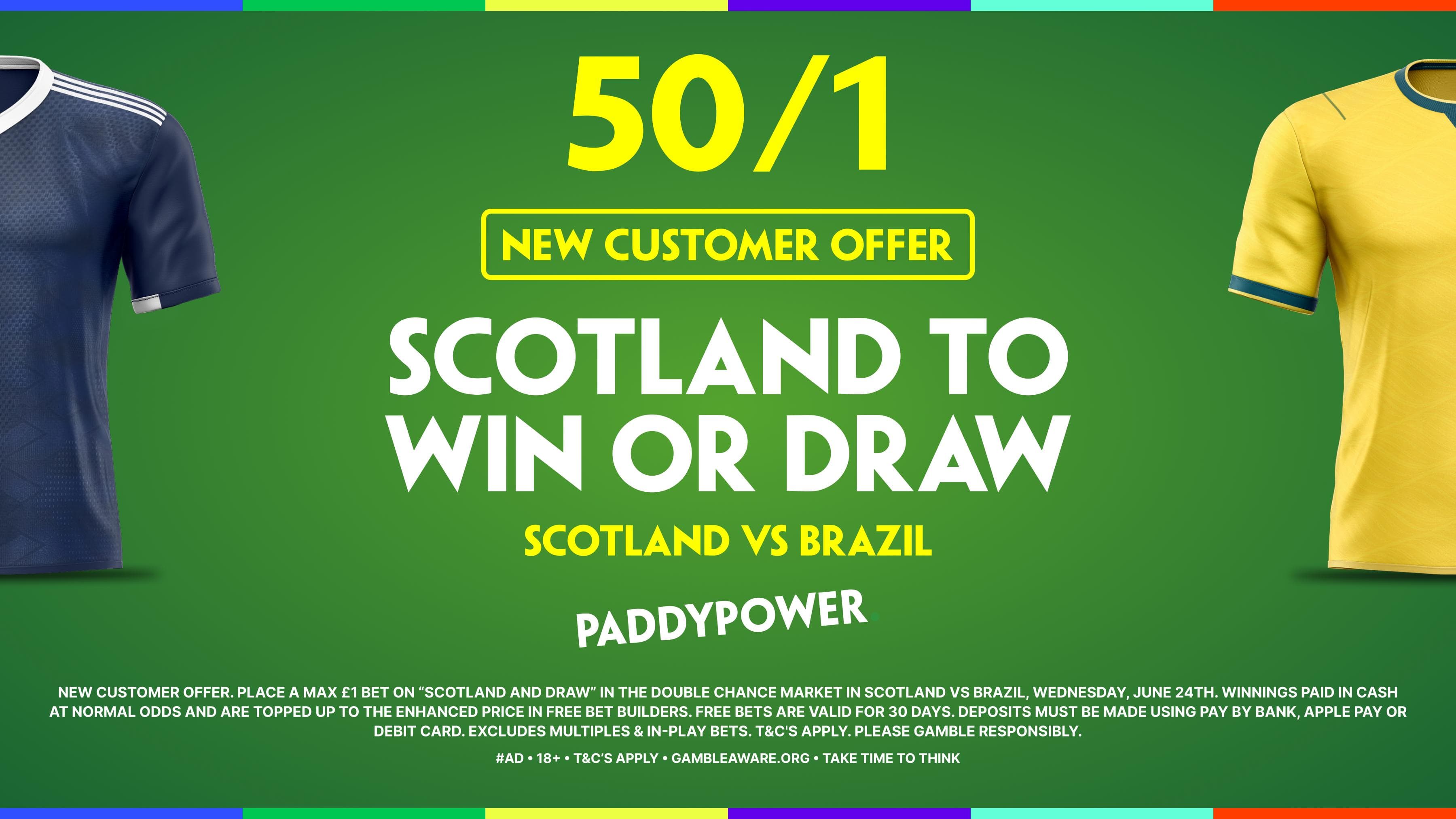 Paddy Power Sign Up Offer: 50/1 Scotland to win or Draw vs Brazil 24/06/2026