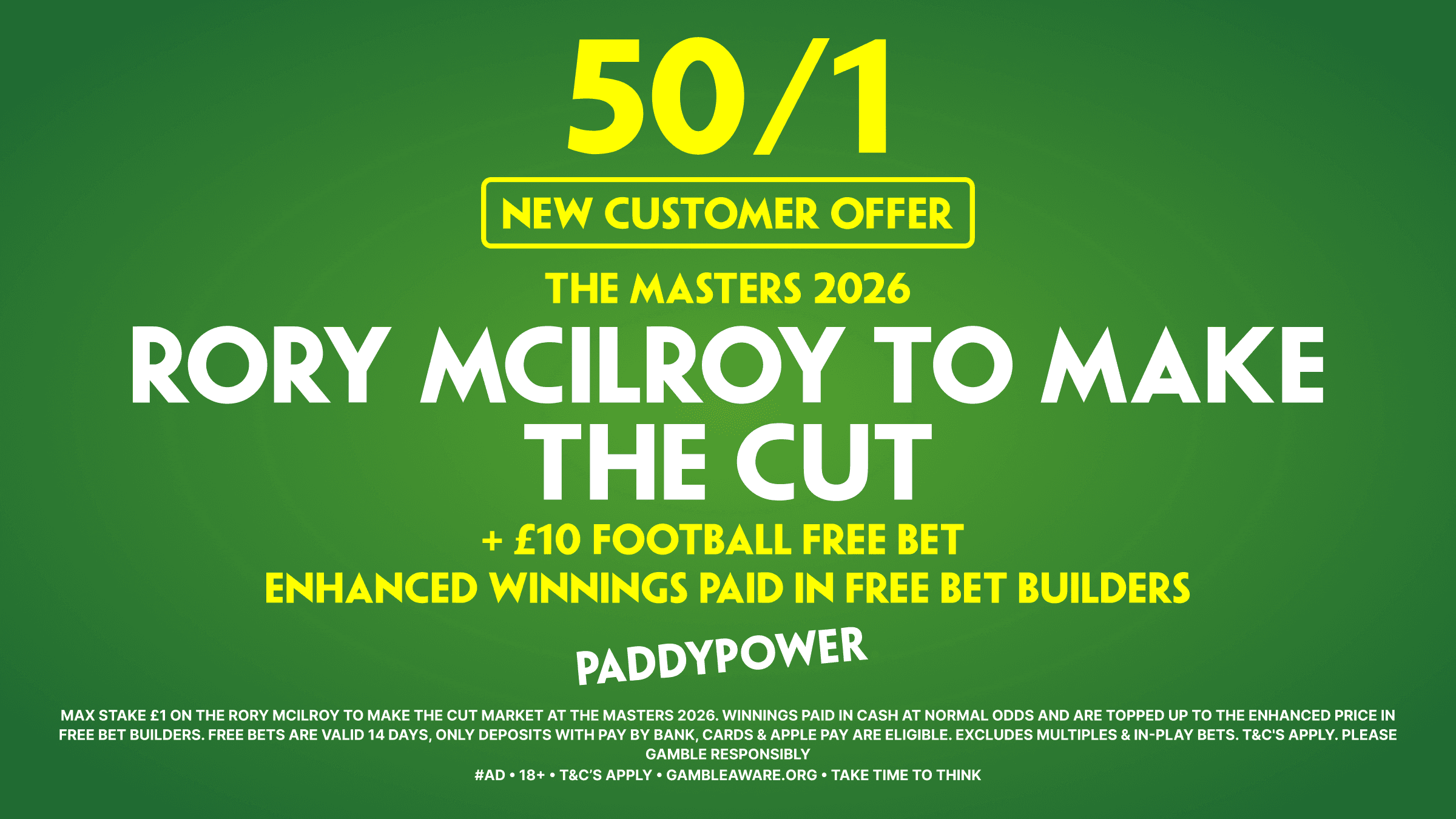 50/1 Rory McIlroy To Make The Cut! Paddy Power Masters Sign Up Offer 2026