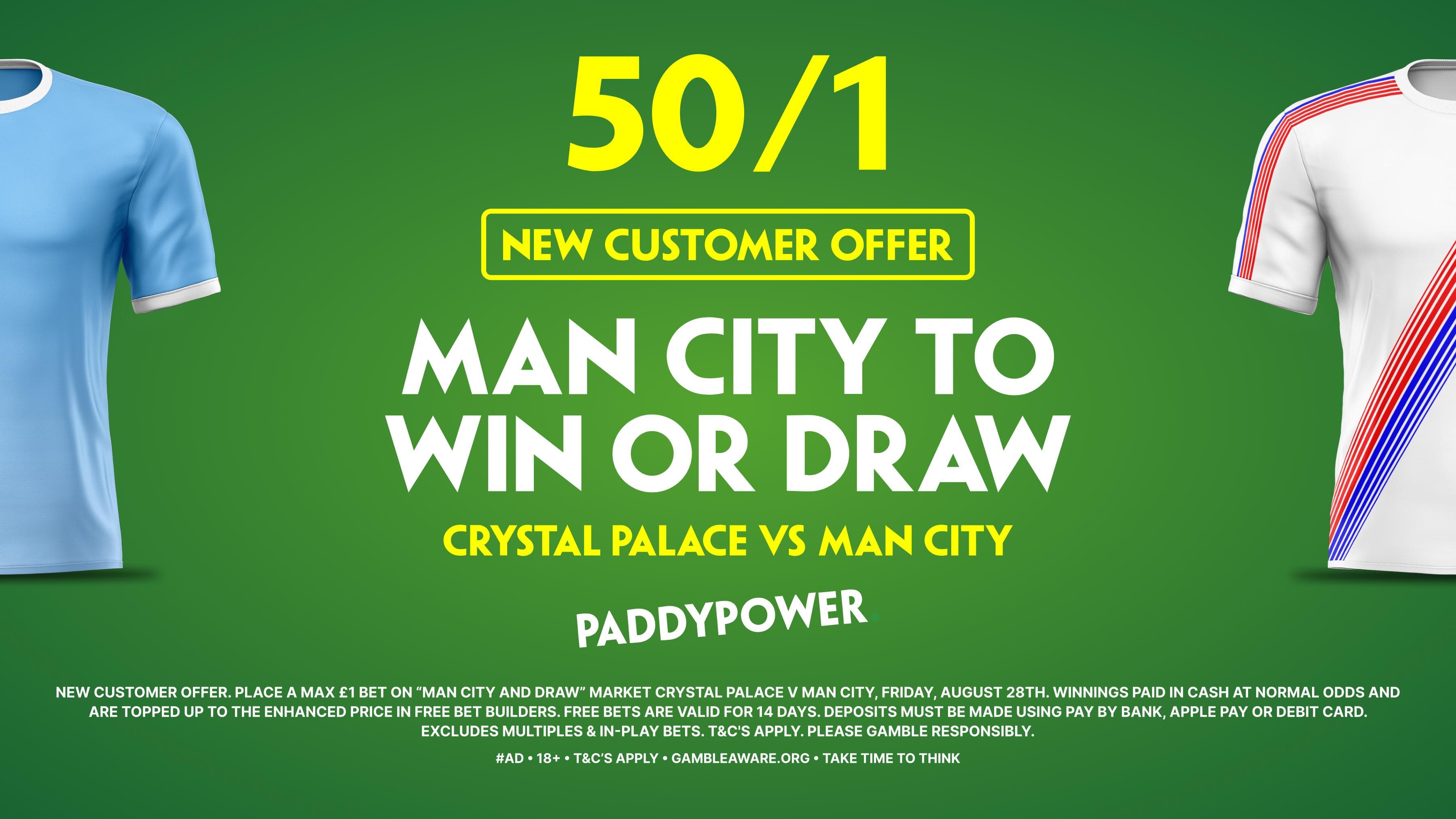 Paddy Power Sign Up Offer: 50/1 Man City to win or Draw against Crystal Palace 28/08/2026
