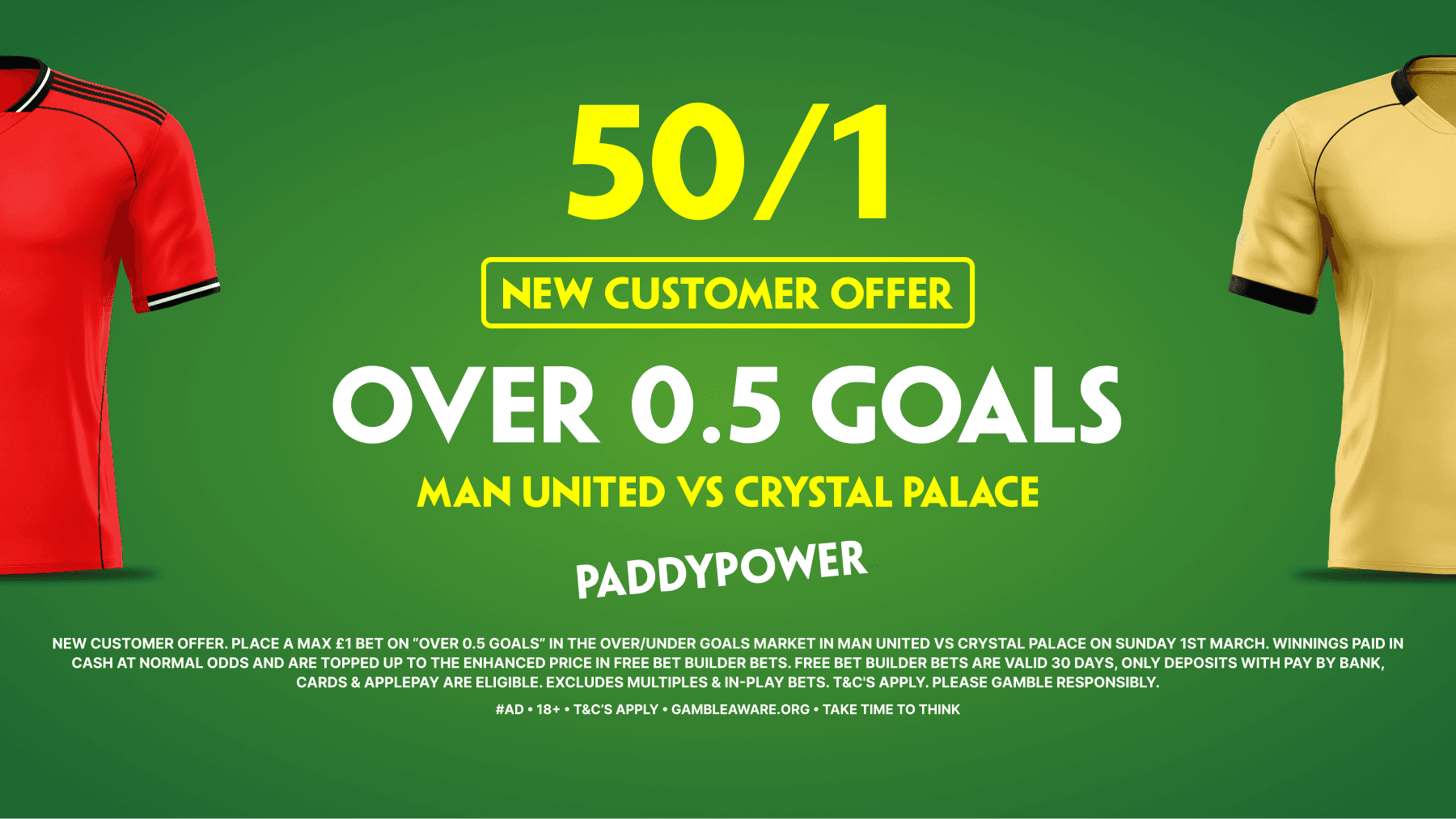 50/1 for Over 0.5 Goals! Paddy Power Sign Up Offer for Man Utd vs Crystal Palace in the Premier League 01/03/2026