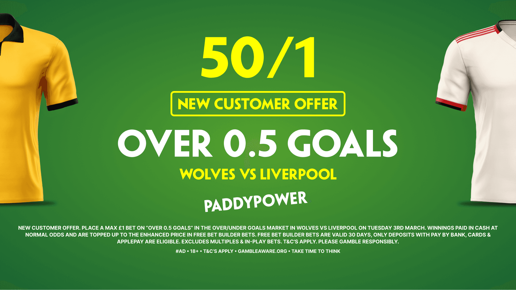 50/1 on Over 0.5 Goals in Wolves vs Liverpool! Paddy Power Sign Up Offer 03/03/2026