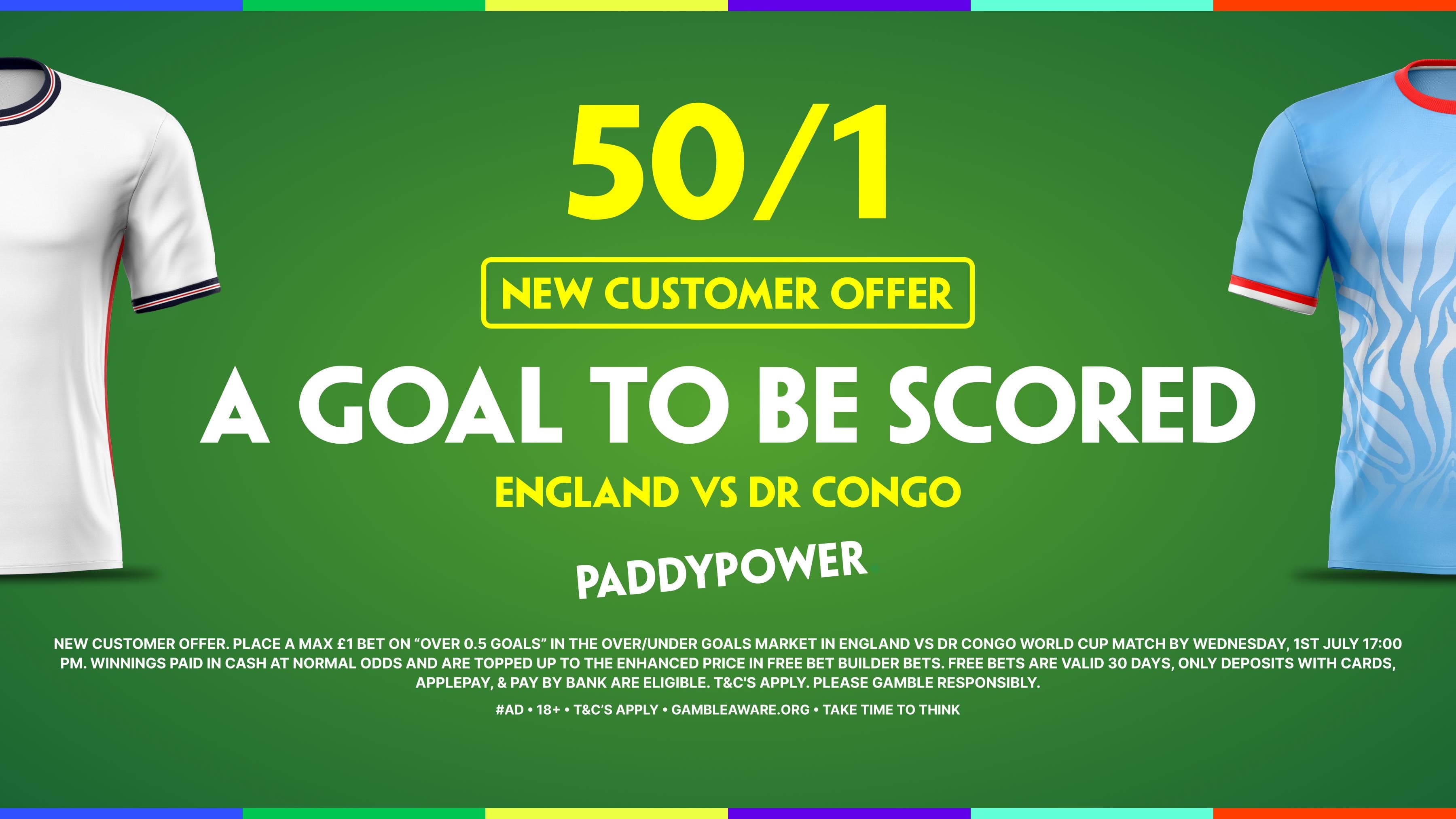 Paddy Power England Sign Up Offer: 50/1 A Goal to be Scored! 01/07/2026