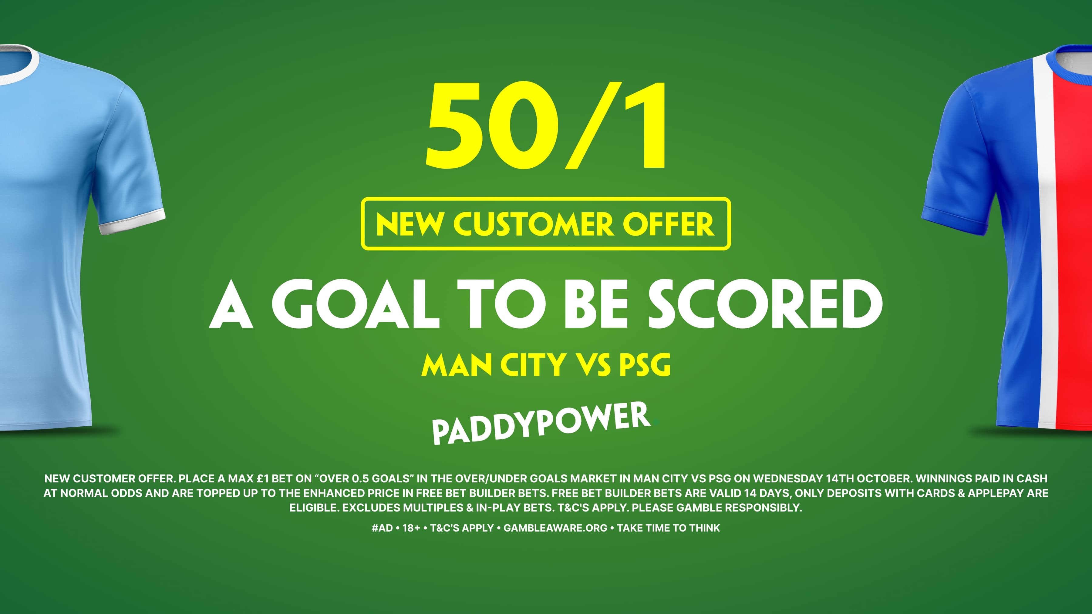 Paddy Power Sign Up Offer: 50/1 A Goal to be Scored in Man City vs PSG!