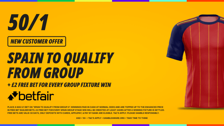 Betfair Sign Up Offer: 50/1 Spain To Qualify From Group + £2 for every group fixture win!