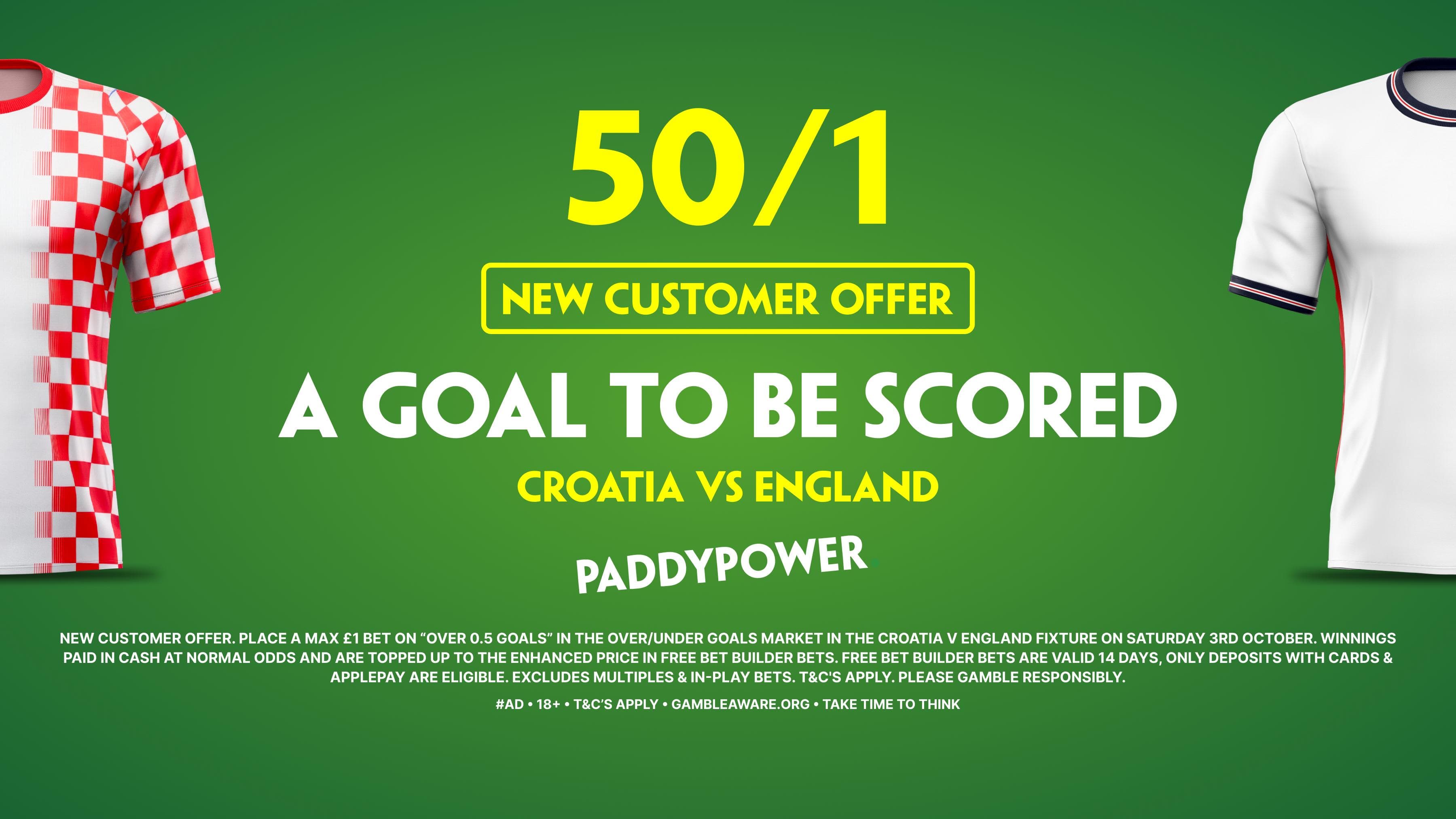 Paddy Power Sign Up Offer: 50/1 A Goal to be Scored in Croatia vs England!