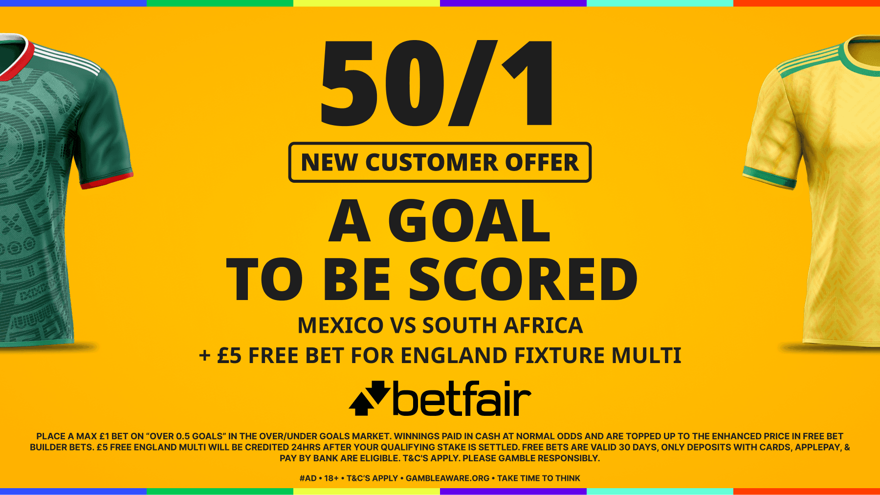 Betfair World Cup Offer: A Goal to be Scored in Mexico 50/1 vs South Africa + £5 England Bet 11/06/2026