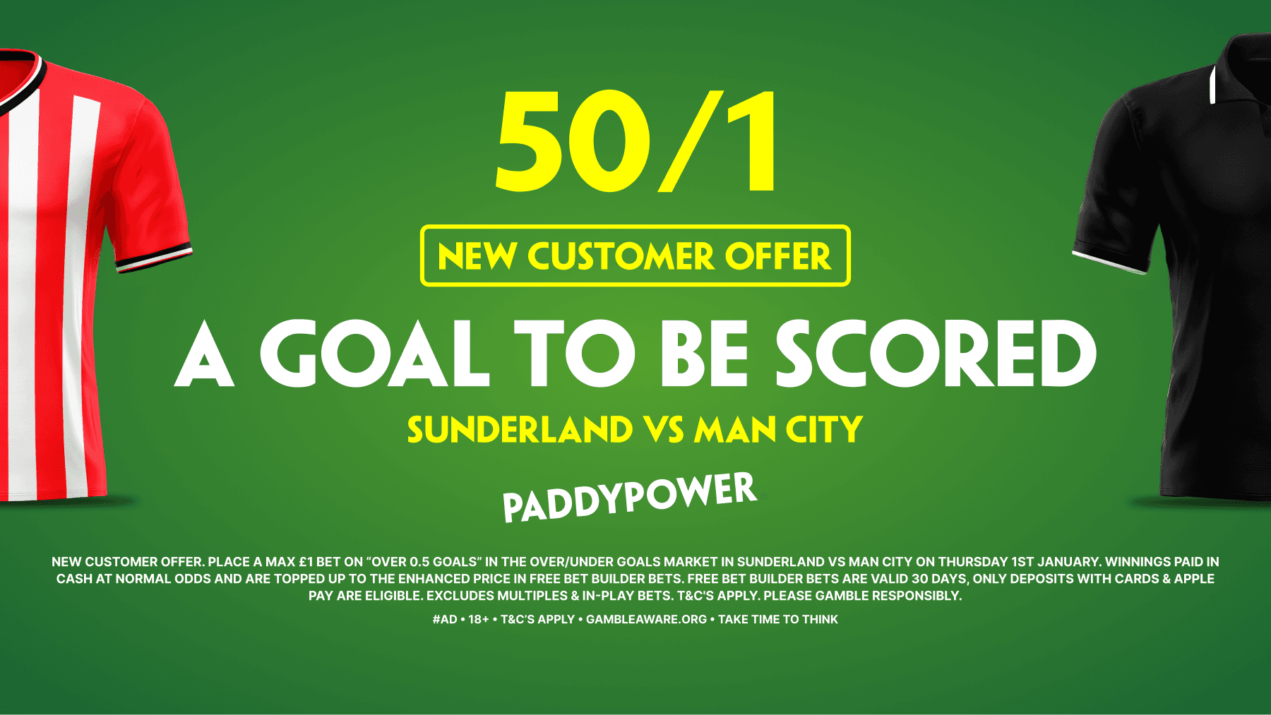 50/1 A Goal to be Scored in Sunderland vs Man City! Paddy Power Sign Up Offer 01/01/2025