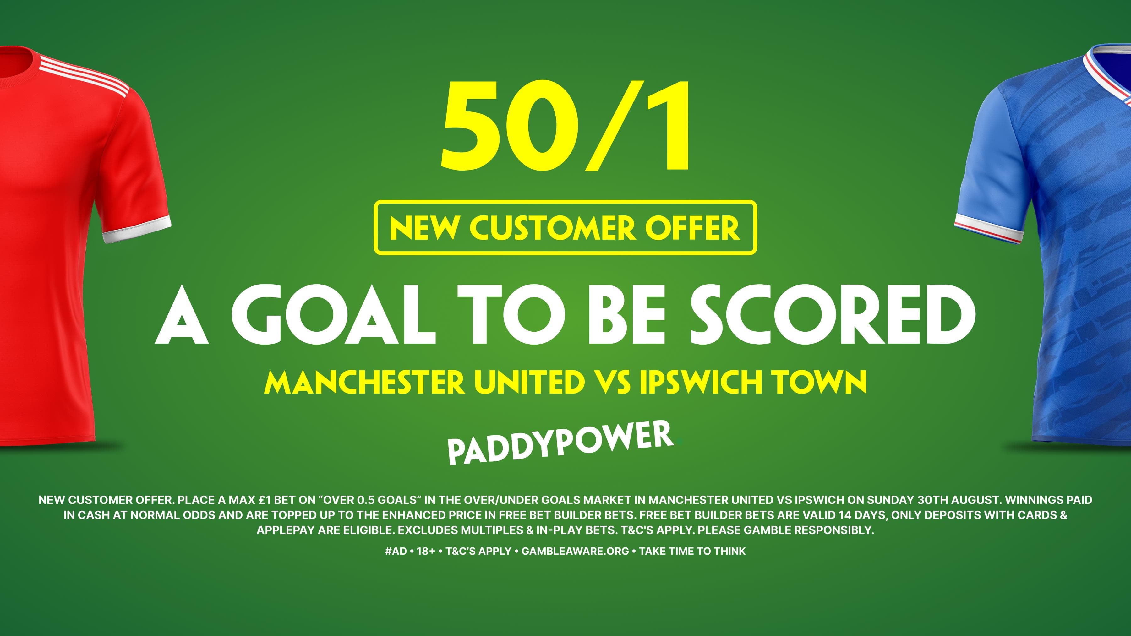 50/1 Goal to be Scored! Paddy Power Sign Up Offer! Man United vs Ipswich Town 30/08/2026