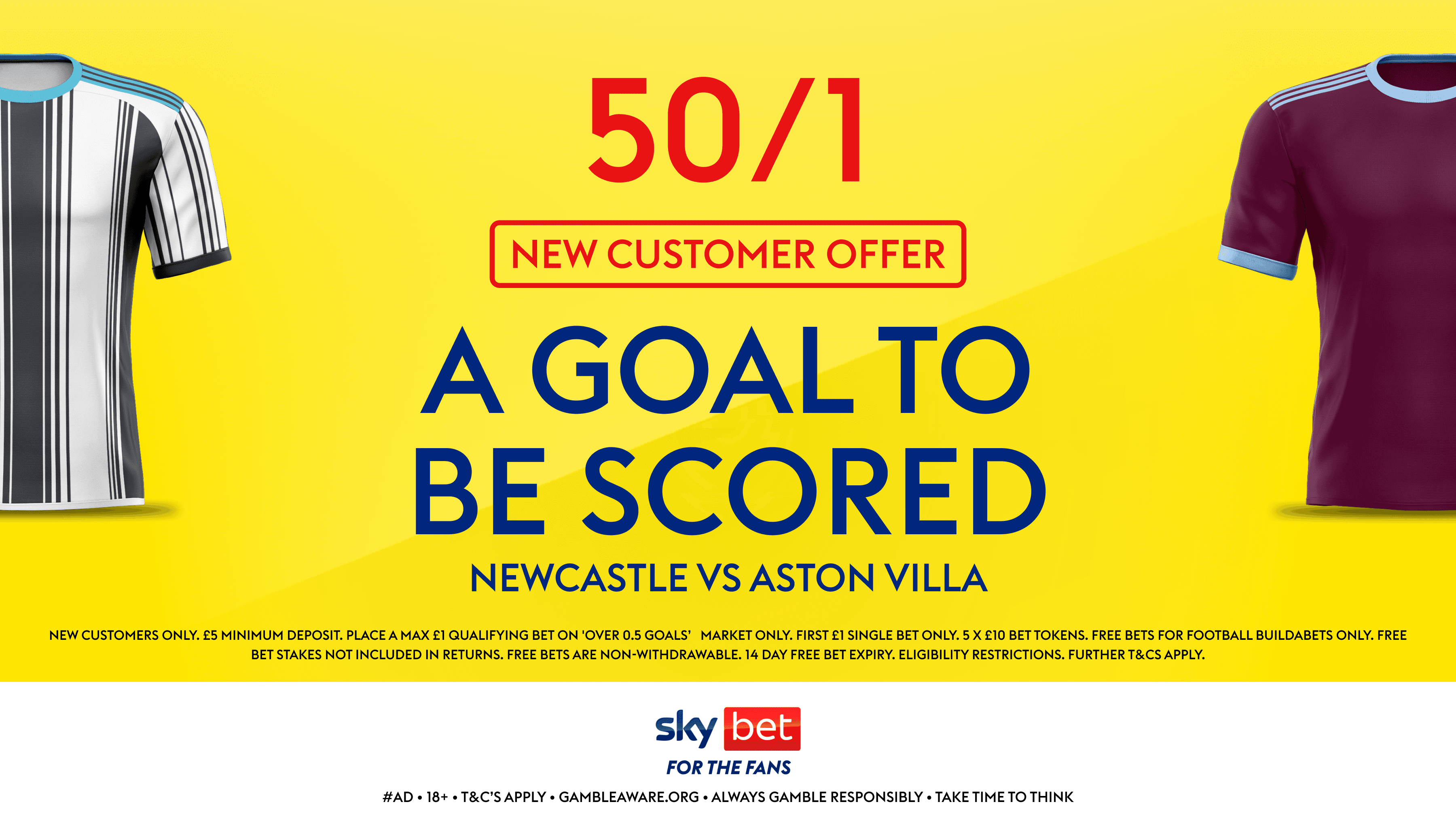 50/1 for A Goal in Newcastle vs Aston Villa with Sky Bet Sign Up Offer