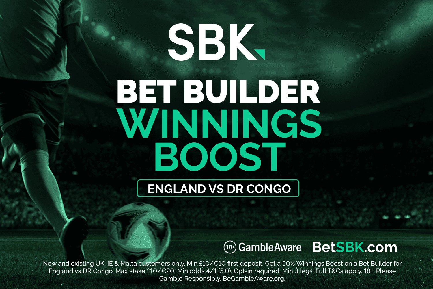 50% Bet Builder Boost for England vs Congo + £50 in Free Bets with SBK